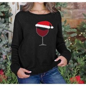 Wooden Ships Black Crewneck Sweater with Red Wine Glass and Santa Hat